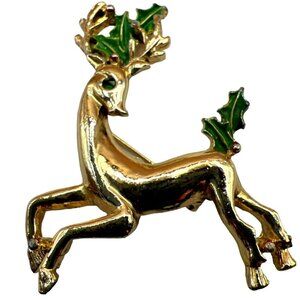 Vintage Gerrys Reindeer Brooch Pin Gold Tone With Holly Accents.  B60